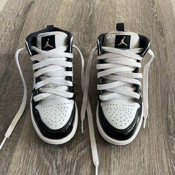 Nike Air Jordan 1 Mid Patent Black White Gold Boy Shoes - Size: 12C - Picture 8 of 9